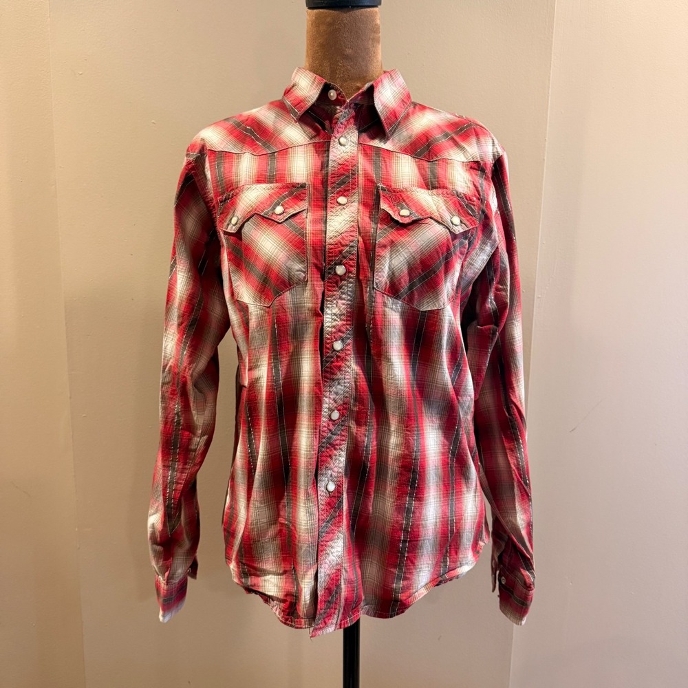 Vintage Wrangler Western Shirt Women M Red Plaid Pearl Snap Cowgirl Rodeo Ranch